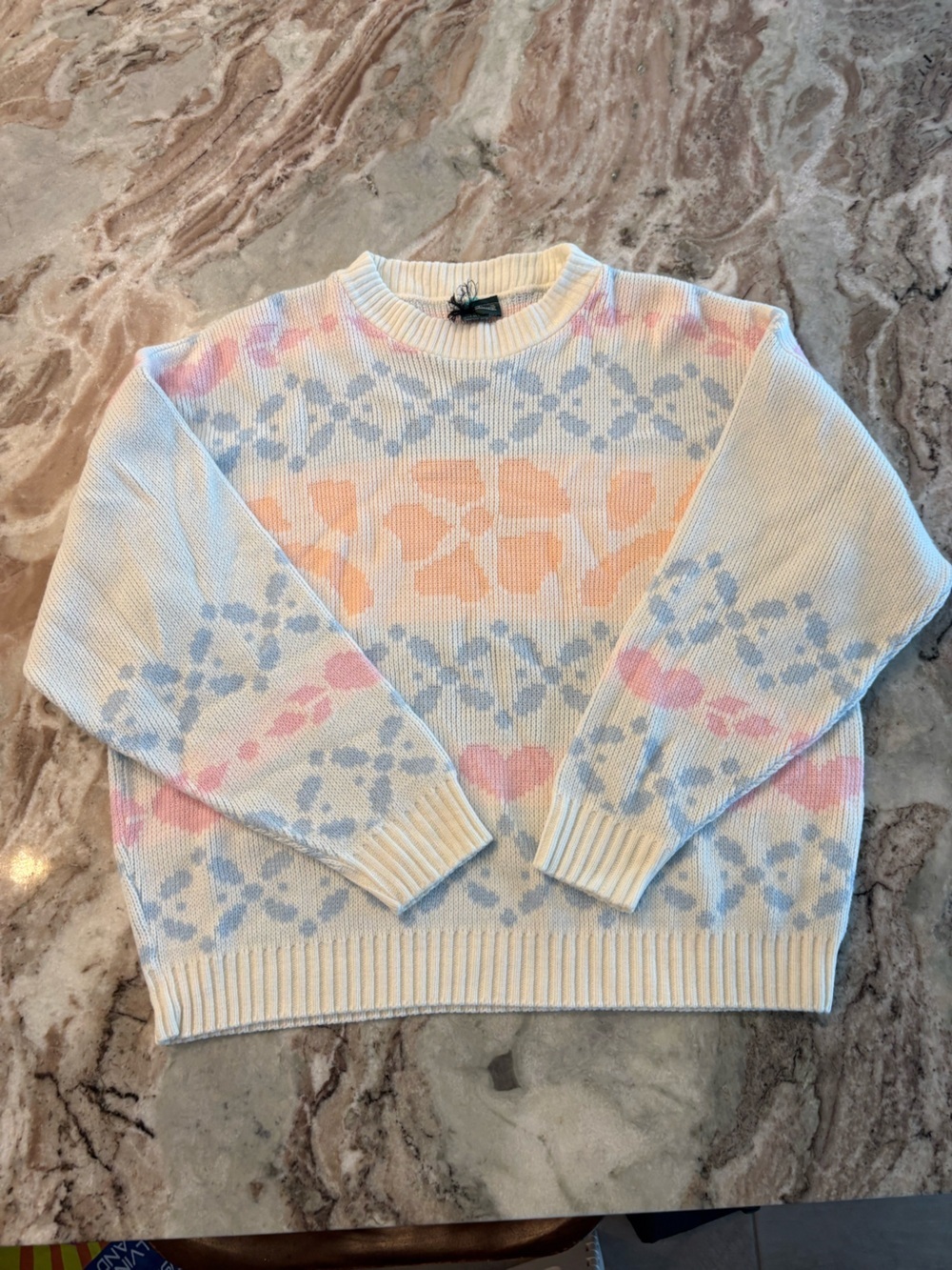 Vintage 80s Crewneck Sweater White Hearts Flowers Large